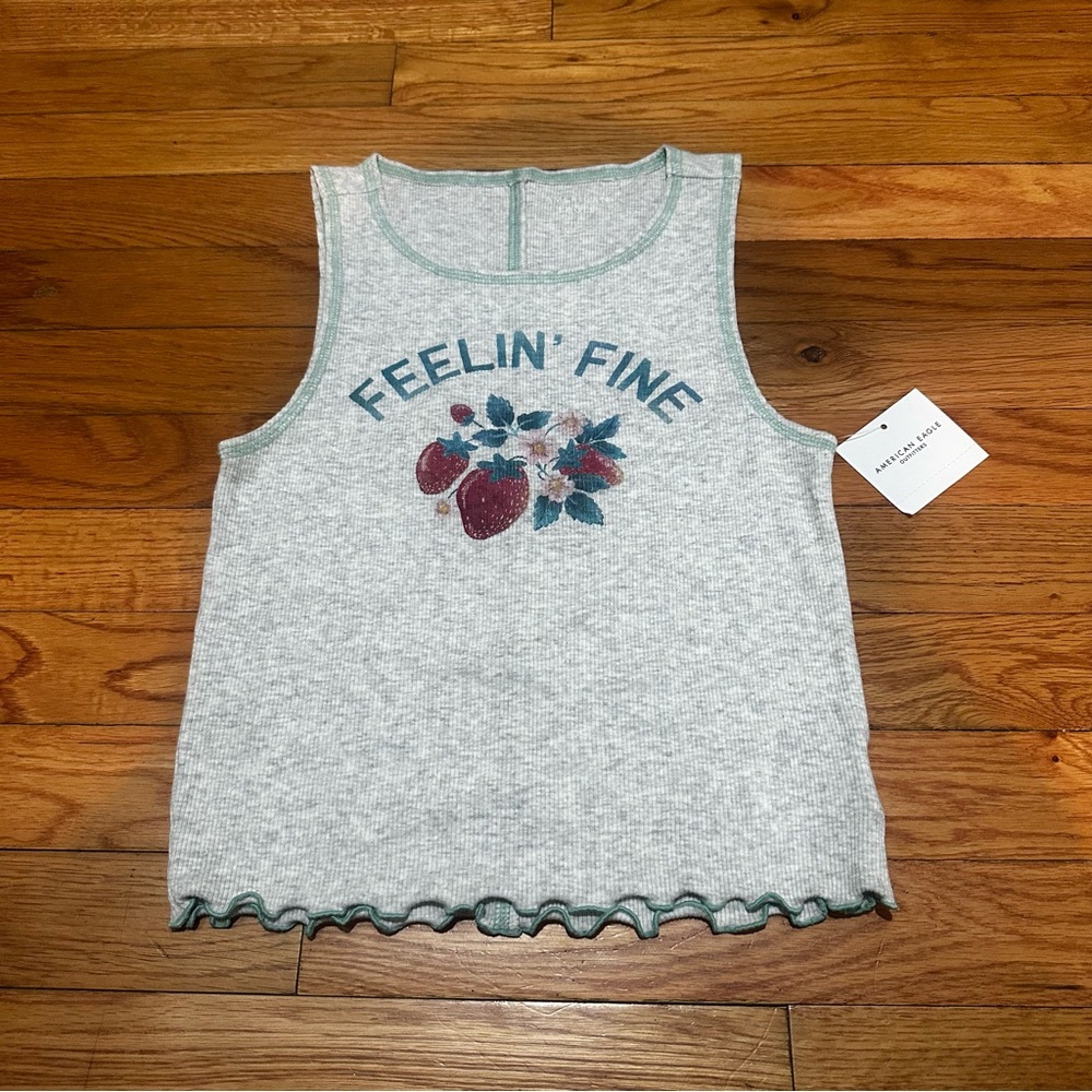 NWT American Eagle Gray Ribbed Feelin Fine Strawberry Tank Cottage Small
